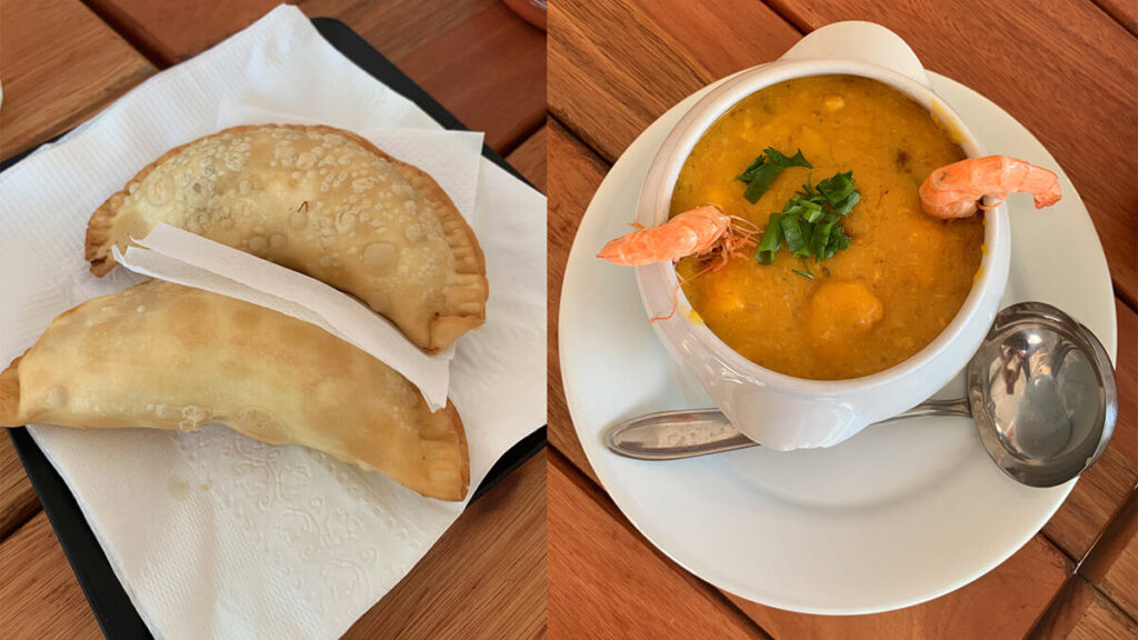 Almoço no Bar do Chuveiro - Pastéis de camarão com catupiry e siri e como prato principal Bobó de camarão